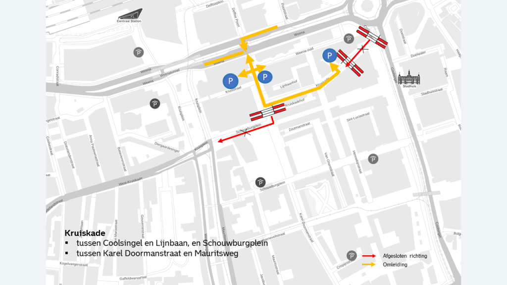 Plattegrond die de afsluitingen en omleidingen van Kruiskade, tussen Coolsingel en Lijnbaan, en Schouwburgplein tussen Karel Doormanstraat en Mauritsweg laat zien. De bereikbare parkeergarages zijn aangegeven. 