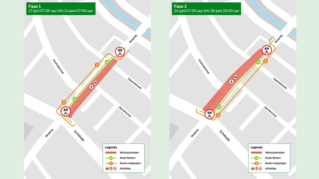 Ingezoomde plattegrond afsluitingen en omleidingen Bergweg-Insulindestraat, fase 1 en 2